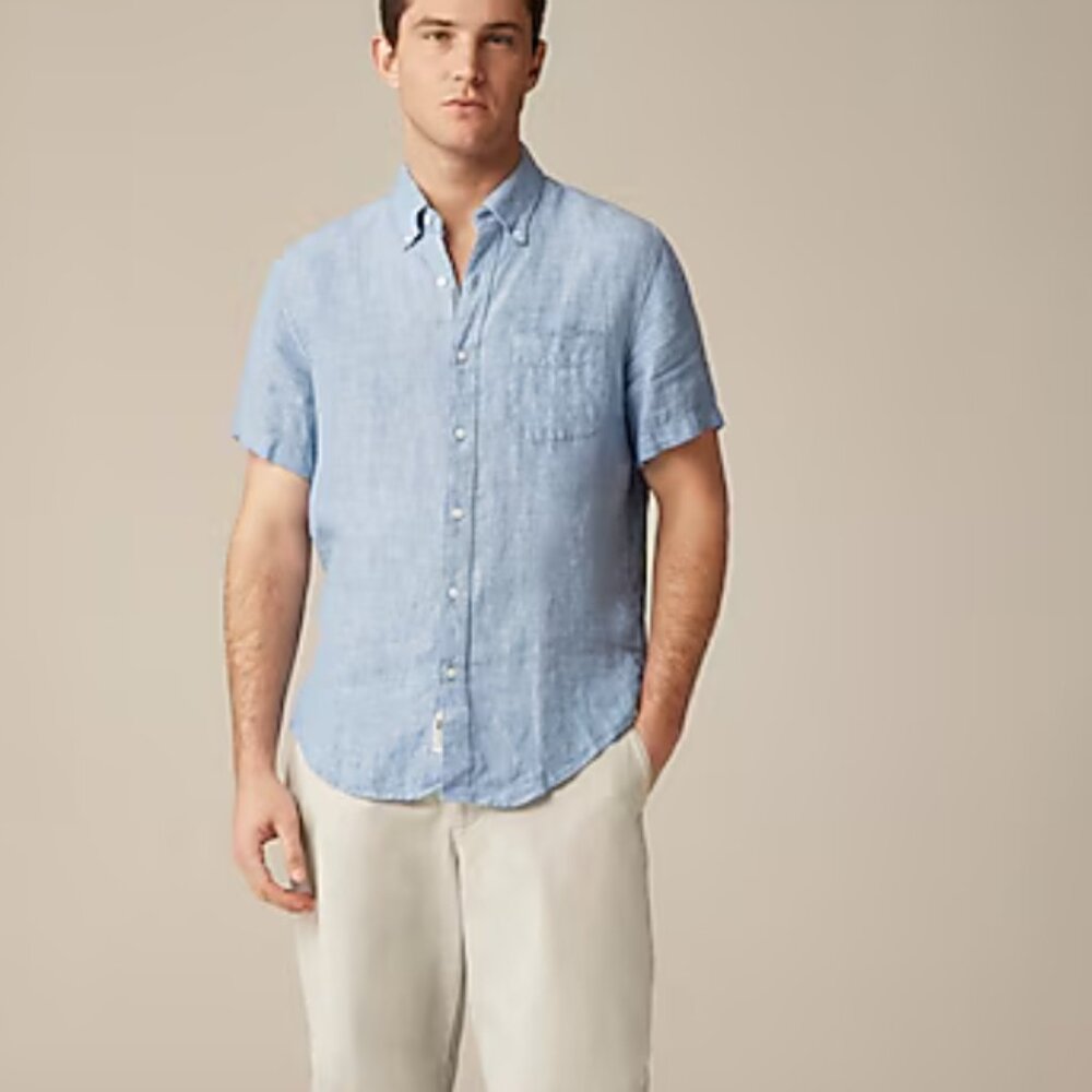 J Crew Men Linen Short Sleeve XL Button Down Cotton Light Blue Shirt Slim Fit